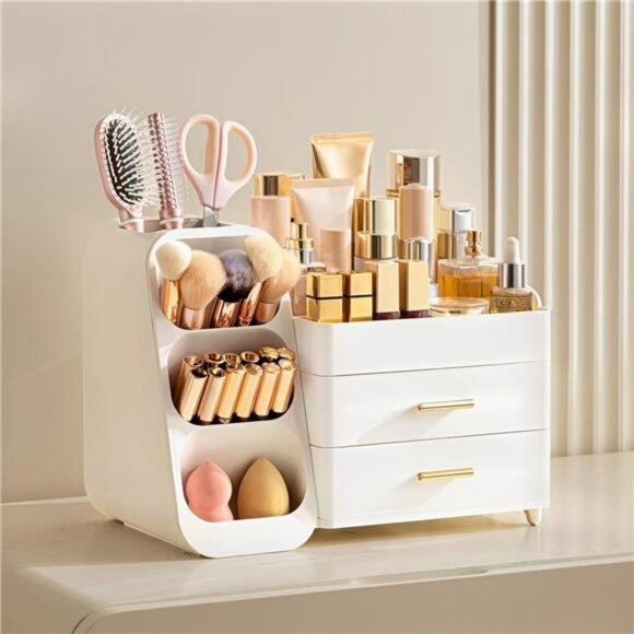 Makeup Organizer with Brush Holder Vanity Skincare Storage Drawers White - Picture 2 of 7
